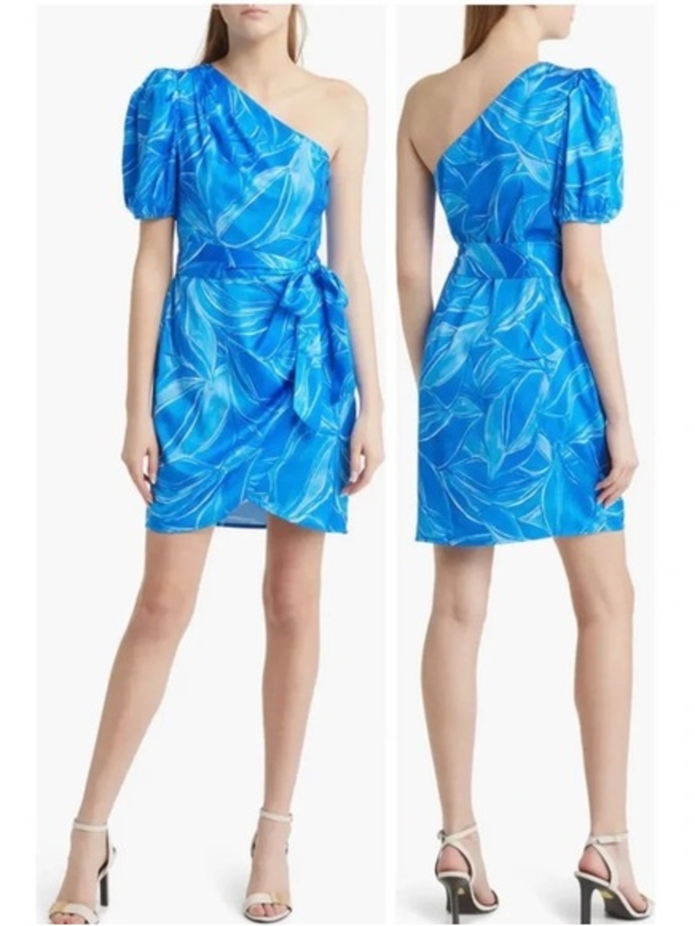 Adelyn Rae One-Shoulder Sonia Puff Sleeve Blue Tropical Wrap Tie Belt Dress XL